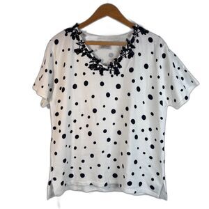 Betas Choie Polka Dot Embroidered Neckline Short Sleeve Sweater White Size XL